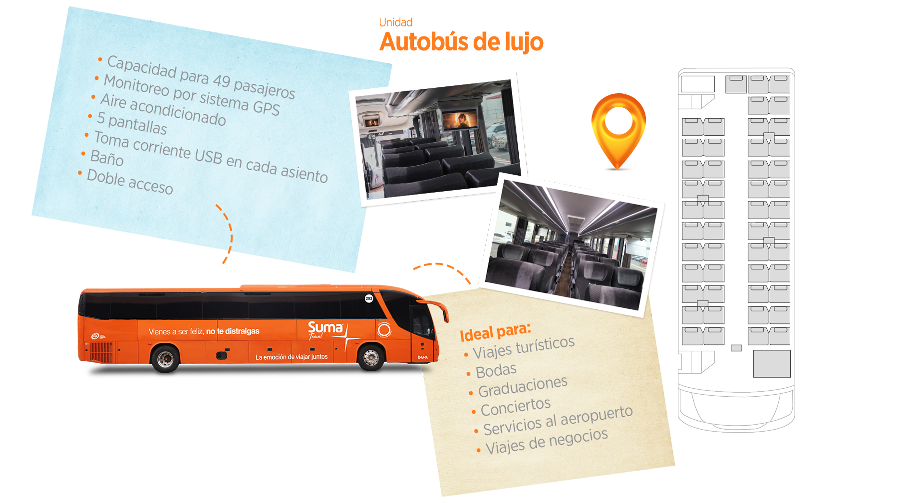 Autobús de lujo para 49 pasajeros, con GPS, aire acondicionado, cinco pantallas, USB en cada asiento, baño y doble acceso.